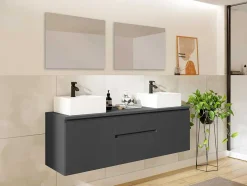 Vente-unique Dubbele Wastafel-Hangend Badkamermeubel Met Dubbele Wastafel En Spiegels - Grijs - 150 Cm - Jimena Ii