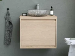 Vente-unique Badkamermeubel Met Enkele Wastafel-Hangend Badkamermeubel Met Opzet Wastafel Van Steen - Eiken Fineer - 60 Cm - Mesliva