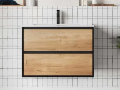 Vente-unique Badkamermeubel Met Enkele Wastafel-Hangend Badkamermeubel Met Ingebouwde Wastafel - Licht Naturel En Zwart - 80 Cm - Lannick