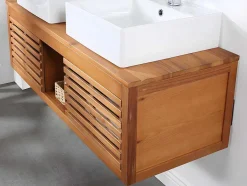 Vente-unique Dubbele Wastafel-Hangend Badkamermeubel Van Acaciahout Met Dubbele Wastafel - 130 Cm - Penebel