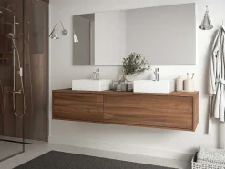 Vente-unique Dubbele Wastafel-Hangend Badmeubel Met Donker Natuurlijke Kleur En Dubbele Wastafel - L150 Cm - Isaure Ii