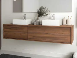 Vente-unique Dubbele Wastafel-Hangend Badmeubel Met Donker Natuurlijke Kleur En Dubbele Wastafel - L150 Cm - Isaure Ii