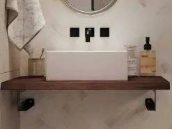 Vente-unique Muurkast Badkamer-Hangend Bureau Van Donker Teakhout Met Zwarte Beugels En Wastafel - 80 X 50 Cm - Sukawati