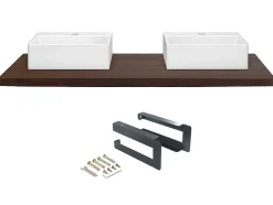 Vente-unique Muurkast Badkamer-Hangend Bureau Van Donker Teakhout Met Zwarte Beugels En Dubbele Wastafel - 150 X 50 Cm - Sukawati