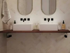 Vente-unique Muurkast Badkamer-Hangend Bureau Van Donker Teakhout Met Zwarte Beugels En Dubbele Wastafel - 150 X 50 Cm - Sukawati