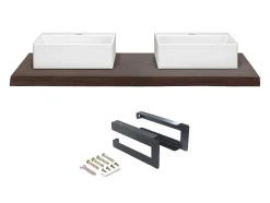 Vente-unique Muurkast Badkamer-Hangend Bureau Van Donker Teak Met Zwarte Beugels En Dubbele Wastafel - 120 X 50 Cm - Sukawati