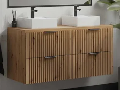 Vente-unique Dubbele Wastafel-Hangend, Geribbeld Wastafelmeubel Met Opzetwastafel - Lichte Houtlook - L120 Cm - Zevara