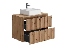Vente-unique Badkamermeubel Met Enkele Wastafel-Hangend, Geribbeld Wastafelmeubel Met Opzetwastafel - Lichte Houtlook - L80 Cm - Zevara