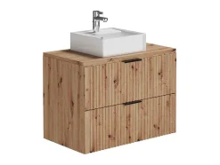 Vente-unique Badkamermeubel Met Enkele Wastafel-Hangend, Geribbeld Wastafelmeubel Met Opzetwastafel - Lichte Houtlook - L80 Cm - Zevara