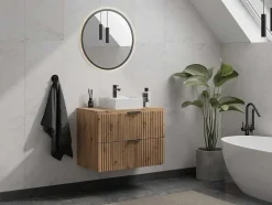 Vente-unique Badkamermeubel Met Enkele Wastafel-Hangend, Geribbeld Wastafelmeubel Met Opzetwastafel - Lichte Houtlook - L80 Cm - Zevara