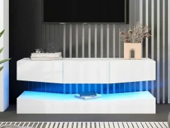 Vente-unique Tv-Meubel-Hangend Tv-Meubel - Glanzend Gelakt - Led'S - Spaanplaat - Wit