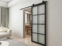 Vente-unique Schuifdeur-Hangende Schuifdeur H205 X L83 Cm Van Aluminium En Transparant Gehard Glas Wilden