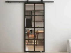 Vente-unique Schuifdeur-Hangende Schuifdeur H205 X L83 Cm Van Aluminium En Transparant Gehard Glas Wilden