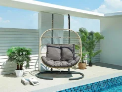 MYLIA Hangstoel-Hangfauteuil Voor 2 Personen Van Gevlochten Hars - Licht Naturel Met Antracietgrijs Kussen - Lissandra Van
