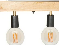 Vente-unique Hanglamp-Hanglamp Van Hout Julbo Met 5 Lampen In Industriele Stijl - Hout En Metaal - H17,5 X L100 Cm - Naturel En Zwart