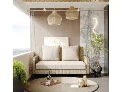 ModernLuxe Hangstoel-Hangstoel In Geweven Hars - Tuinschommel - 2 Plaatsen - Met Kussens - Beige