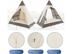 Vente-unique Ligstoel-Hemel Tuinbed 2 Tot 4 Plaatsen - Grijs Rotan En Beige Deurgordijn - Inclusief Kussens - Voor Buiten