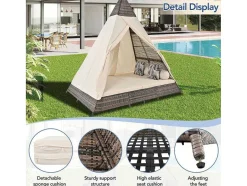 Vente-unique Ligstoel-Hemel Tuinbed 2 Tot 4 Plaatsen - Grijs Rotan En Beige Deurgordijn - Inclusief Kussens - Voor Buiten