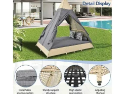 Vente-unique Ligstoel-Hemel Tuinbed 2 Tot 4 Plaatsen - Beige Rotan En Grijs Deurgordijn - Inclusief Kussens - Voor Buiten