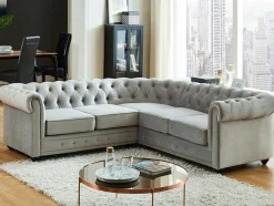 Vente-unique Chesterfield Zitbank-Hoekbank Van Fluweel Chesterfield - Zilvergrijs