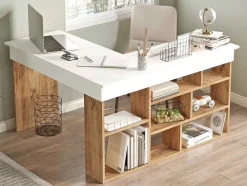 Vente-unique Bureaumeubel-Hoekbureau Met Opbergruimte - Wit En Naturel - Lileul