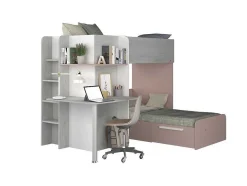 Vente-unique Kinderbed Stapelbed-Hoekstapelbed 2 X 90 X 190 Cm - Met Bureau - Grijs, Wit En Roze + Matras - Samuel