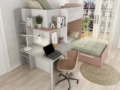 Vente-unique Kinderbed Stapelbed-Hoekstapelbed 2 X 90 X 190 Cm - Met Bureau - Grijs, Wit En Roze + Matras - Samuel