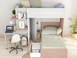 Vente-unique Kinderbed Stapelbed-Hoekstapelbed 2 X 90 X 190 Cm - Met Bureau - Grijs, Wit En Roze + Matras - Samuel