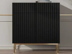 Vente-unique Buffetkast-Hoge Buffetkast Met 2 Deuren En 2 Lades Van Mdf En Staal - Zwart En Goudkleurig - Evilana