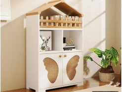ModernLuxe Buffetkast-Hoog Dressoir - 2 Vakken En 2 Vlindervormige Deuren - Wit & Naturel