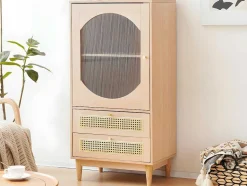 ModernLuxe Buffetkast-Hoog Dressoir Met 1 Transparante Acryldeur En 2 Rotan Lades - Landelijke Stijl - Naturel