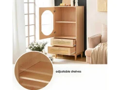 ModernLuxe Buffetkast-Hoog Dressoir Met 1 Transparante Acryldeur En 2 Rotan Lades - Landelijke Stijl - Naturel