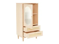 ModernLuxe Buffetkast-Hoog Dressoir Met 1 Transparante Acryldeur En 2 Rotan Lades - Landelijke Stijl - Naturel