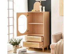 ModernLuxe Buffetkast-Hoog Dressoir Met 1 Transparante Acryldeur En 2 Rotan Lades - Landelijke Stijl - Naturel