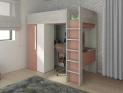 Vente-unique Kinderbed Hoogslaper-Hoogslaper - 90 X 200 Cm - Met Kast En Bureau - Roze En Wit - Nicolas