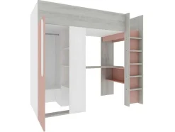 Vente-unique Kinderbed Hoogslaper-Hoogslaper - 90 X 200 Cm - Met Kast En Bureau - Roze En Wit + Matras -Nicolas