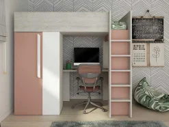 Vente-unique Kinderbed Hoogslaper-Hoogslaper - 90 X 200 Cm - Met Kast En Bureau - Roze En Wit + Matras -Nicolas
