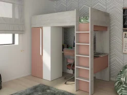 Vente-unique Kinderbed Hoogslaper-Hoogslaper - 90 X 200 Cm - Met Kast En Bureau - Roze En Wit + Matras -Nicolas