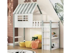 Vente-unique Kinderbed Hoogslaper-Hoogslaper 90 X 200 Cm - Cabinebed Met Ladder - Opbergplank - Massief Hout - Groen