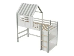 Vente-unique Kinderbed Hoogslaper-Hoogslaper 90 X 200 Cm - Cabinebed Met Ladder - Opbergplank - Massief Hout - Groen