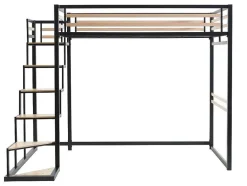 Vente-unique Aanbiedingen: Slaapkamer & Kantoor-Hoogslaper 140 X 200 Cm - Metaal En Mdf - Zwart En Naturel + Matras - Jogui