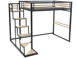 Vente-unique Aanbiedingen: Slaapkamer & Kantoor-Hoogslaper 140 X 200 Cm - Metaal En Mdf - Zwart En Naturel + Matras - Jogui