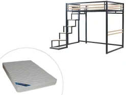 Vente-unique Aanbiedingen: Slaapkamer & Kantoor-Hoogslaper 140 X 200 Cm - Metaal En Mdf - Zwart En Naturel + Matras - Jogui