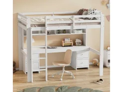 Vente-unique Kinderbed Hoogslaper-Hoogslaper 90 X 200 Cm Met Bureau, Boekenkast, Lades En Ladder, Mdf Hout, Wit