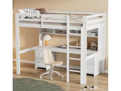 Vente-unique Kinderbed Hoogslaper-Hoogslaper 90 X 200 Cm Met Bureau, Boekenkast, Lades En Ladder, Mdf Hout, Wit