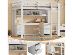 Vente-unique Kinderbed Hoogslaper-Hoogslaper 90 X 200 Cm Met Bureau, Boekenkast, Lades En Ladder, Mdf Hout, Wit