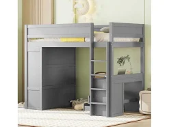 Vente-unique Kinderbed Hoogslaper-Hoogslaper 90 X 200 Cm Met Bureau + 2 Laden - Kledingkast Met Schuifdeur - Mdf Hout - Grijs