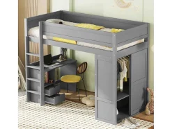 Vente-unique Kinderbed Hoogslaper-Hoogslaper 90 X 200 Cm Met Bureau + 2 Laden - Kledingkast Met Schuifdeur - Mdf Hout - Grijs