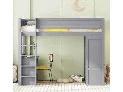 Vente-unique Kinderbed Hoogslaper-Hoogslaper 90 X 200 Cm Met Bureau + 2 Laden - Kledingkast Met Schuifdeur - Mdf Hout - Grijs