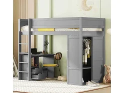 Vente-unique Kinderbed Hoogslaper-Hoogslaper 90 X 200 Cm Met Bureau + 2 Laden - Kledingkast Met Schuifdeur - Mdf Hout - Grijs